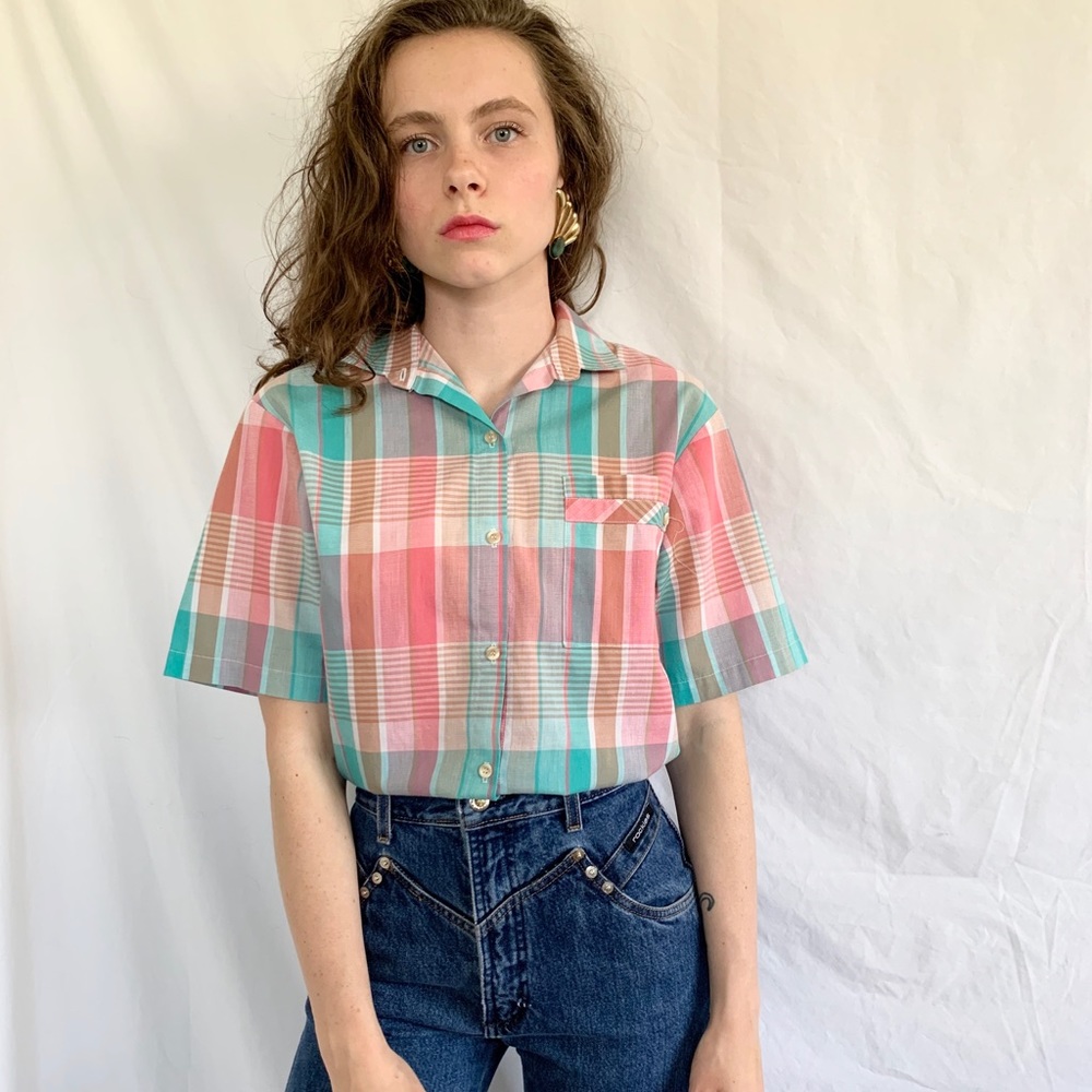 Vintage 80s Plaid Pastel Pink Short Sleeve Blouse
